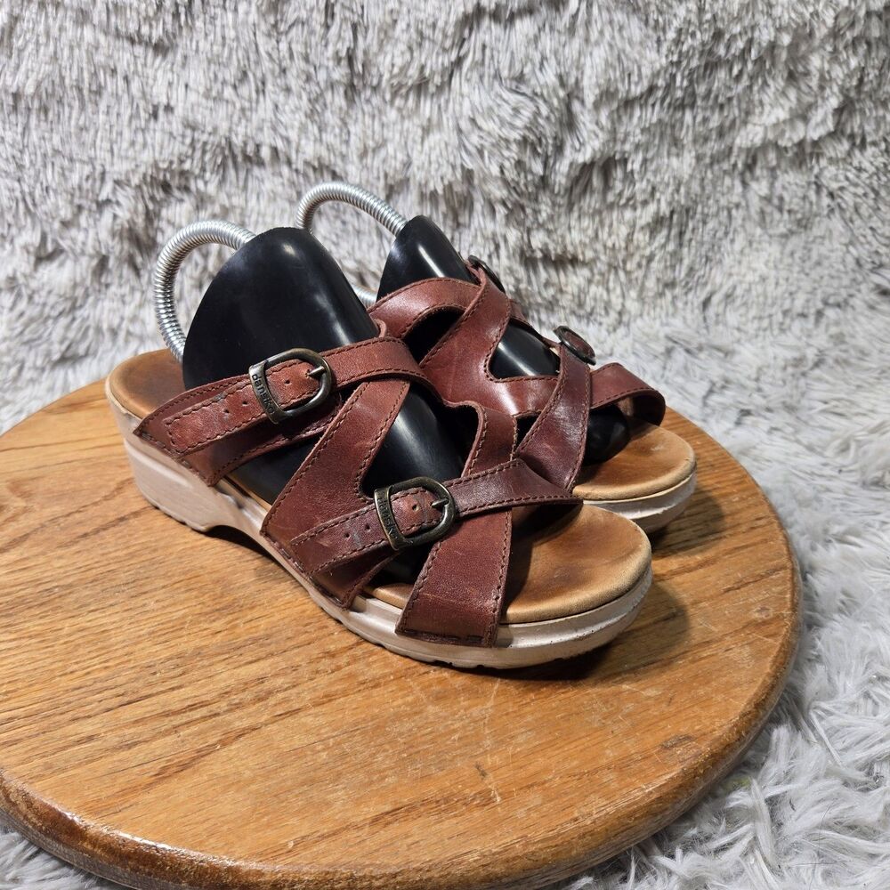 Dansko Slip On Wedge Sandals Brown Leather Wood Heel Women Size 6.5-7/37 Comfy